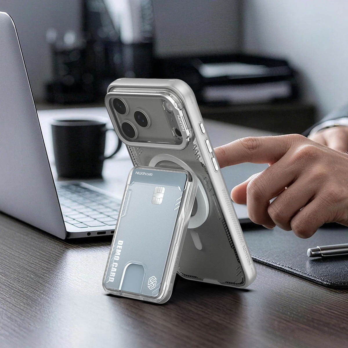 Nillkin IceMate wallet stand in Twilight Gray on a phone
