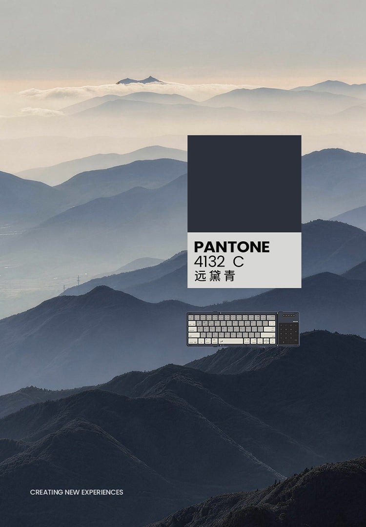 Nillkin Cube Pocket keyboard in Mountain Blue with the Pantone 4132 C colour card, set against misty blue mountains